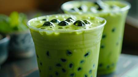 A cup of matcha bubble milk tea with a vibrant green hue, offering a unique twist on this popular beverageの素材