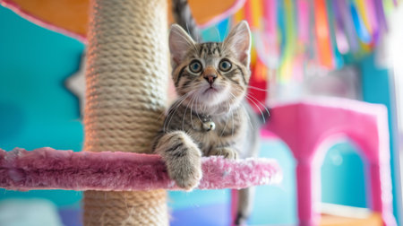 A curious kitten climbing a multi-level cat tree in a vibrant and colorful playroom filled with toys and activity centersの素材