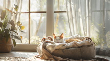 A cozy cat bed with a soft blanket, placed in a sunny spot near a large window, with a cat curled up insideの素材