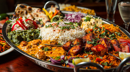 A colorful platter of Indian cuisine favorites like butter chicken, palak paneer, and vegetable biryani, showcasing the rich flavorsの素材
