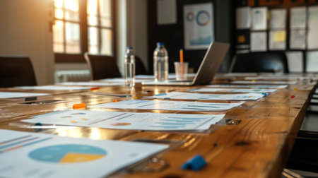 A conference room table with documents and laptops showing various business graphs and charts, representing strategic planningの素材