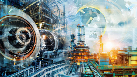 A collage of diverse industrial sectors including automotive, aerospace, electronics, and energy production, symbolizing global industryの素材