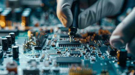 A close-up of workers assembling electronic components in a high-tech factory, showcasing global supply chain integrationの素材
