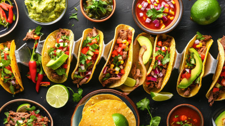 A colorful Mexican taco spread with various fillings such as beef, chicken, and veggies, topped with fresh salsa, guacamole, and lime wedgesの素材