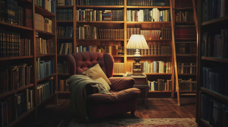 A cozy reading nook bathed in soft lamplight, with a comfortable chair and bookshelves filled with books, inviting relaxationの素材