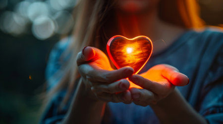 A close-up of a woman's hand holding a glowing heart symbolizing love and care for the human bodyの素材