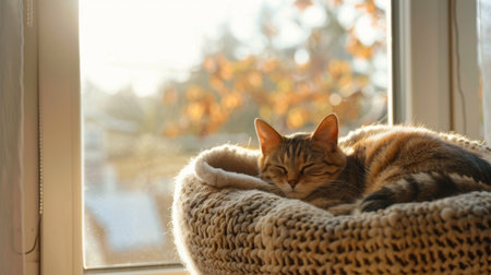 A cozy cat bed with a soft blanket, placed in a sunny spot near a large window, with a cat curled up insideの素材