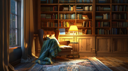 A cozy reading nook bathed in soft lamplight, with a comfortable chair and bookshelves filled with books, inviting relaxationの素材