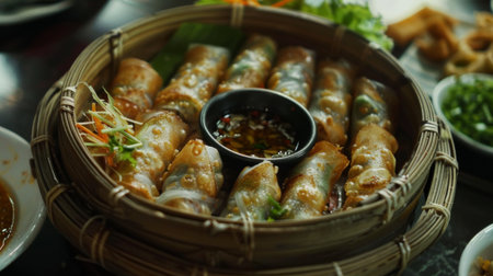 A delightful serving of cha gio, crispy Vietnamese fried spring rolls filled with minced pork, shrimp, and vegetables, served with dipping sauceの素材