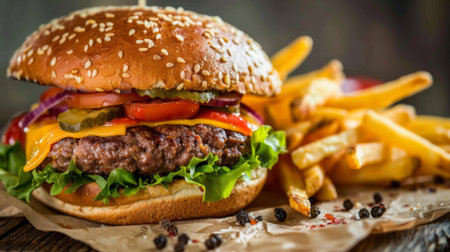 A hearty American burger with a juicy beef patty, melted cheese, lettuce, tomato, and pickles, served with a side of crispy friesの素材