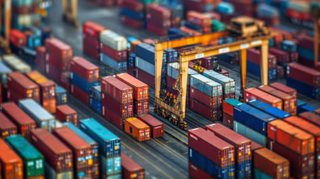 A network of shipping containers at a bustling port, representing the global logistics and transportation industryの素材