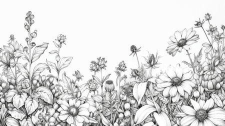 A detailed botanical line drawing with various plants and flowers, showcasing the complexity and beauty of natureの素材