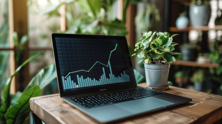 A laptop displaying a line graph tracking business growth over time, illustrating progress and success in achieving goalsの素材