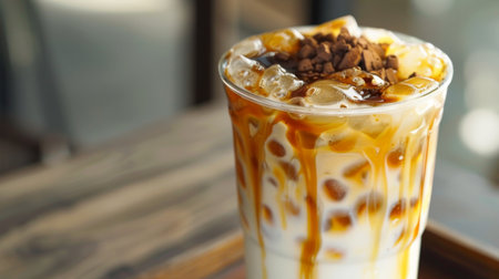 A glass of brown sugar bubble milk tea with a caramelized swirl, tempting with its rich and indulgent flavorの素材