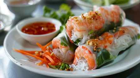A delightful serving of cha gio, crispy Vietnamese fried spring rolls filled with minced pork, shrimp, and vegetables, served with dipping sauceの素材