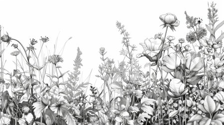 A detailed botanical line drawing with various plants and flowers, showcasing the complexity and beauty of natureの素材