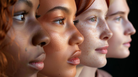A diverse group of women with different skin tones and types, celebrating beauty and diversity in facial skinの素材