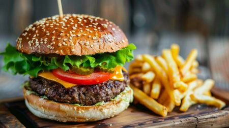 A hearty American burger with a juicy beef patty, melted cheese, lettuce, tomato, and pickles, served with a side of crispy friesの素材