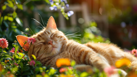 A happy, chubby cat with a big smile, lounging in a sunny garden with flowers and greenery aroundの素材