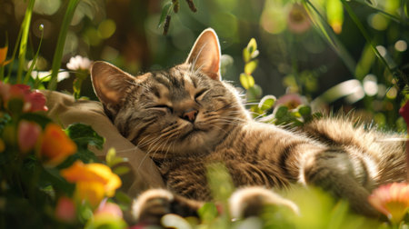 A happy, chubby cat with a big smile, lounging in a sunny garden with flowers and greenery aroundの素材