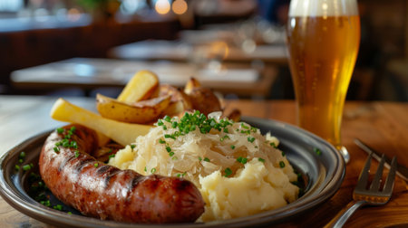 A hearty plate of German sausages, sauerkraut, and mashed potatoes, accompanied by a cold glass of beerの素材