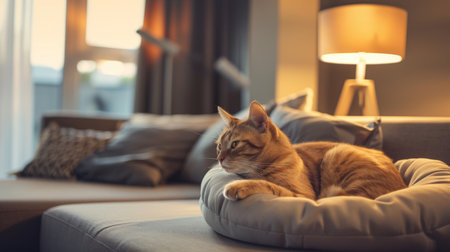 A luxurious cat bed in a cozy corner of a contemporary living room, with soft pillows and a stylish lamp nearbyの素材