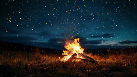 A glowing campfire crackling under a starry night sky, casting warm light and creating a cozy ambiance for storytellingの素材