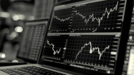 A laptop displaying stock market data and performance graphs, illustrating the use of technology in investment analysisの素材