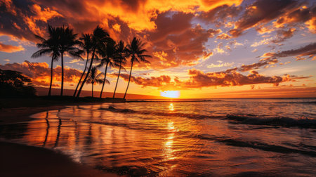 A majestic sunset casting a warm, golden glow over a tranquil beach, with silhouettes of palm trees swaying in the breezeの素材