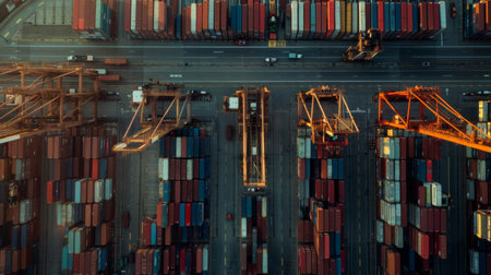 A network of shipping containers at a bustling port, representing the global logistics and transportation industryの素材