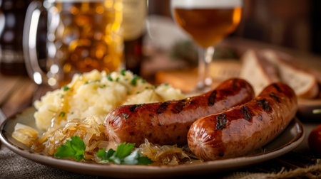 A hearty plate of German sausages, sauerkraut, and mashed potatoes, accompanied by a cold glass of beerの素材