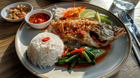 A plate of crispy fried fish with chili sauce, or pla rad prik, served with steamed vegetables and fragrant jasmine riceの素材