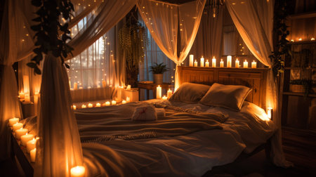 A candlelit bedroom with candles placed around a canopy bed, creating a romantic and intimate retreat for couplesの素材