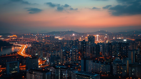 A cityscape at dusk with the skyline aglow from countless office and apartment lights, creating a stunning urban panoramaの素材