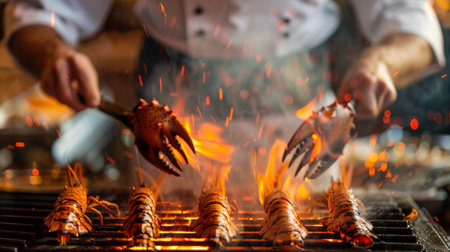 A chef grilling succulent lobster tails over an open flame, creating a mouthwatering seafood dish with charred smoky flavor.の素材