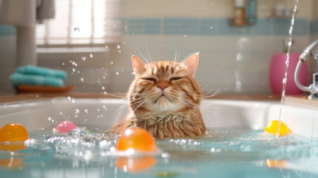 An obese cat playing with water toys in a filled bathtub, splashing and having fun in a brightly lit bathroomの素材