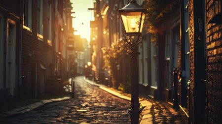 A vintage street lamp casting a warm glow on a cobblestone alley, evoking a sense of nostalgia and romance in the cityの素材