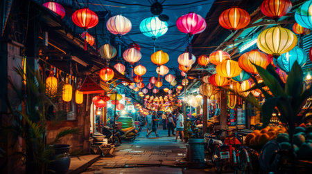 A vibrant night market illuminated by colorful lanterns and neon signs, creating a bustling and lively environmentの素材