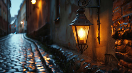 A vintage street lamp casting a warm glow on a cobblestone alley, evoking a sense of nostalgia and romanceの素材
