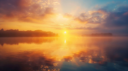 A tranquil lake scene at sunset, with the sun dipping below the horizon and casting a golden reflection on the waterの素材