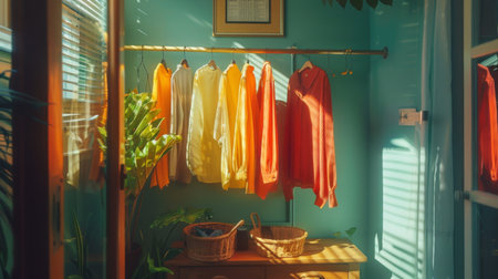 Colorful garments neatly hung on a drying rack inside a cozy laundry room, with sunlight streaming through the windowの素材