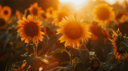 The sun setting over a field of sunflowers, with the vibrant blooms basking in the warm evening lightAの素材