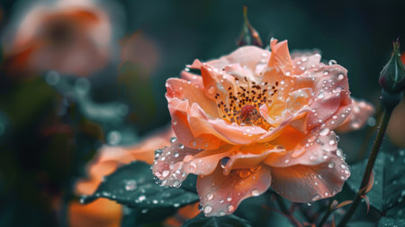 Raindrops resting on the petals of a peach-colored rose, creating a serene and tranquil scene in nature's embraceの素材