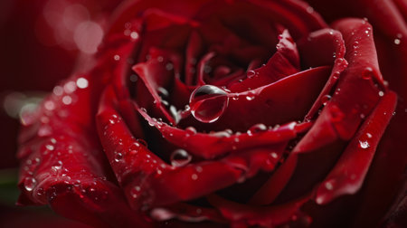 Close-up of a raindrop caught mid-fall onto a crimson rose, freezing a moment of pure natural eleganceの素材