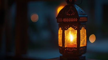 Close-up of a traditional lantern glowing in the darkness, its flickering flame creating a cozy and intimate atmosphereの素材