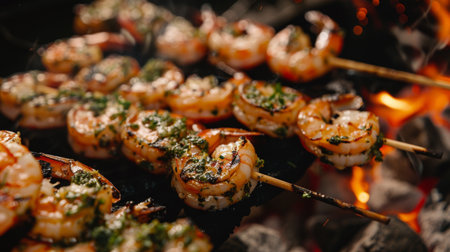 Succulent grilled shrimp skewers sizzling over hot coals, seasoned with herbs and spices, ready to be served at a beachside barbecue.の素材