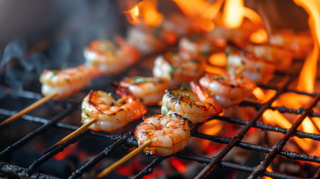 Close-up of grilled shrimp on skewers cooking over flames on a barbecue grill, with char marks forming and the aroma of seafood filling the air.の素材