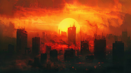 The sun setting behind the city skyline, painting the urban landscape with warm hues of orange and redの素材