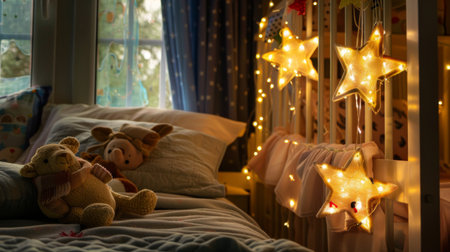 Twinkling star-shaped lights hanging in bedroom, creating a whimsical and enchanting nighttime settingの素材