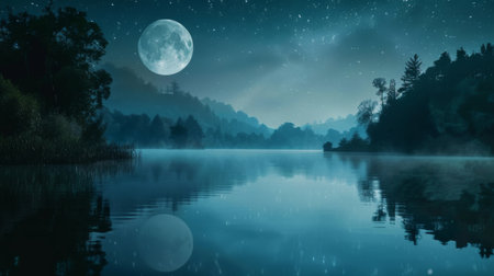 The moon casting a serene reflection on a calm lake surface, creating a mesmerizing nocturnal sceneの素材